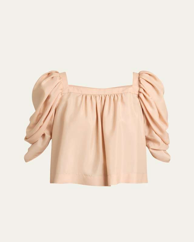 Puff-Sleeve Pleated Silk Top